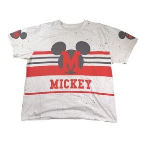 Disney Mickey Mouse Shirt Mens 2XL White Red Black Graphic Splatter Striped Tee